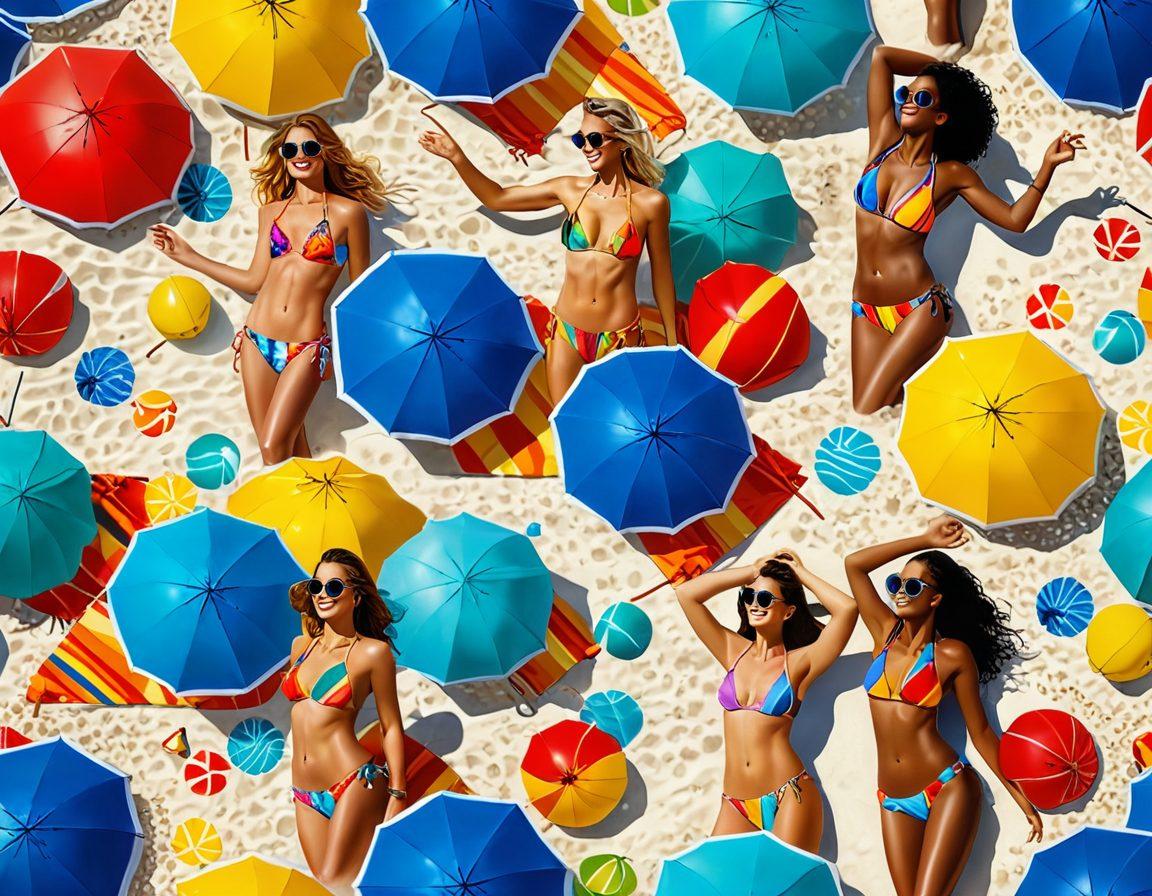 A sun-kissed beach scene featuring diverse individuals confidently showcasing the latest bikini trends, with vibrant umbrellas and beach towels in the background. Include playful beach elements like surfboards, beach balls, and a clear blue ocean. Capture a sense of fun and body positivity. super-realistic. vibrant colors. beach setting.