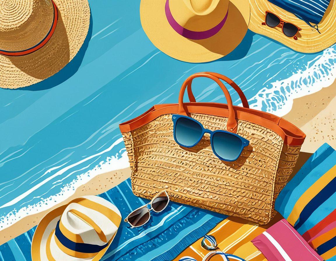 A sunny beach scene with a stylish beach bag overflowing with essential summer accessories like sunglasses, a straw hat, sunscreen, and a colorful beach towel. In the background, small waves gently lapping at the shoreline and people enjoying their summer escape. Highlight warm sunlight and vibrant colors to evoke a cheerful summer atmosphere. cartoon style. bright colors.